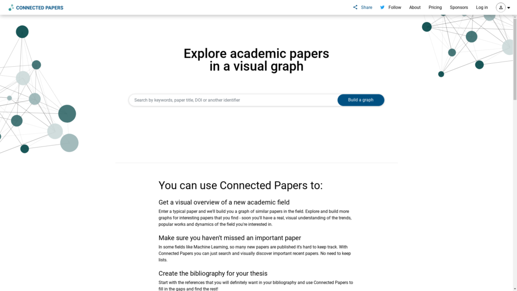 Capture d'écran de la page du site de Connected Papers