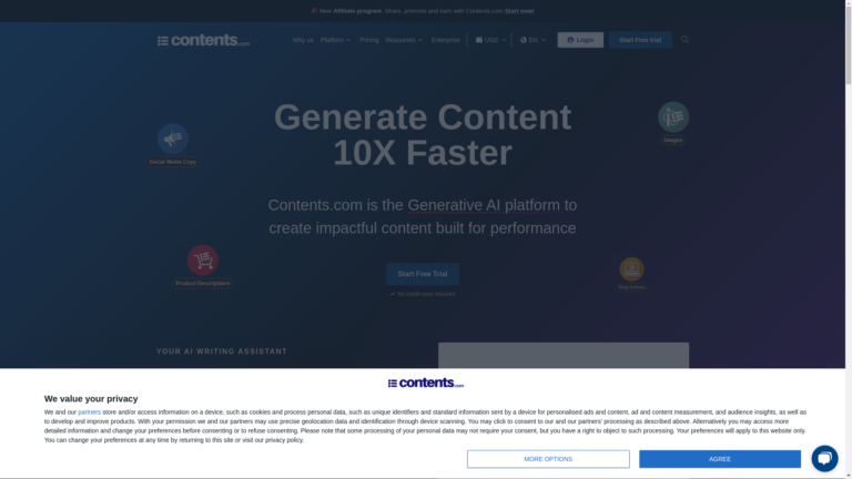 Capture d'écran de la page du site de Contents