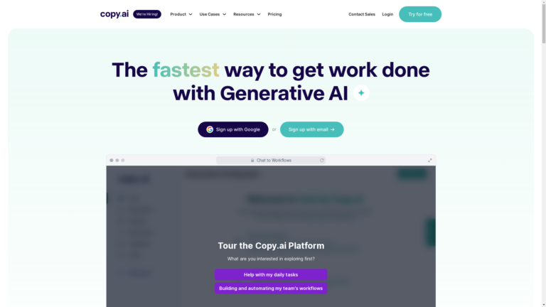 Capture d'écran de la page du site de Copy.ai