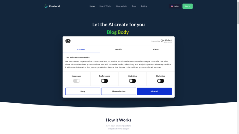 Capture d'écran de la page du site de Creaitor AI
