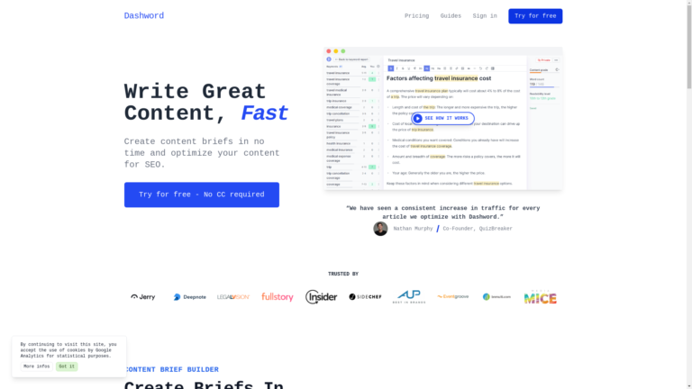 Capture d'écran de la page du site de Dashword