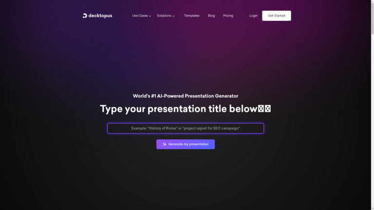 Capture d'écran de la page du site de Decktopus AI
