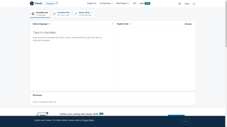 Capture d'écran de la page du site de DeepL