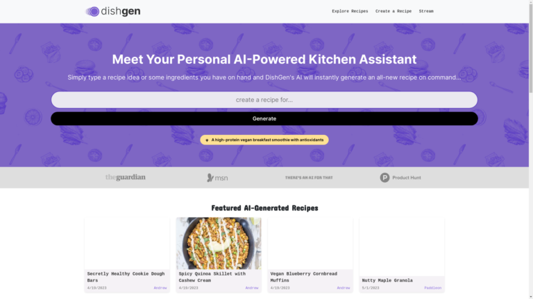 Capture d'écran de la page du site de DishGen