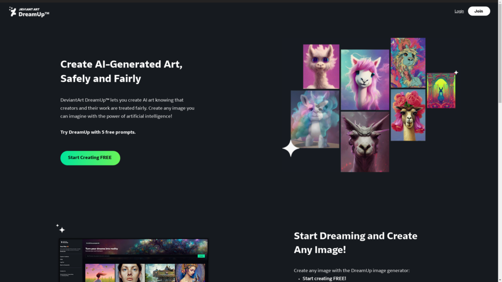Capture d'écran de la page du site de Dream Up (Deviant Art)