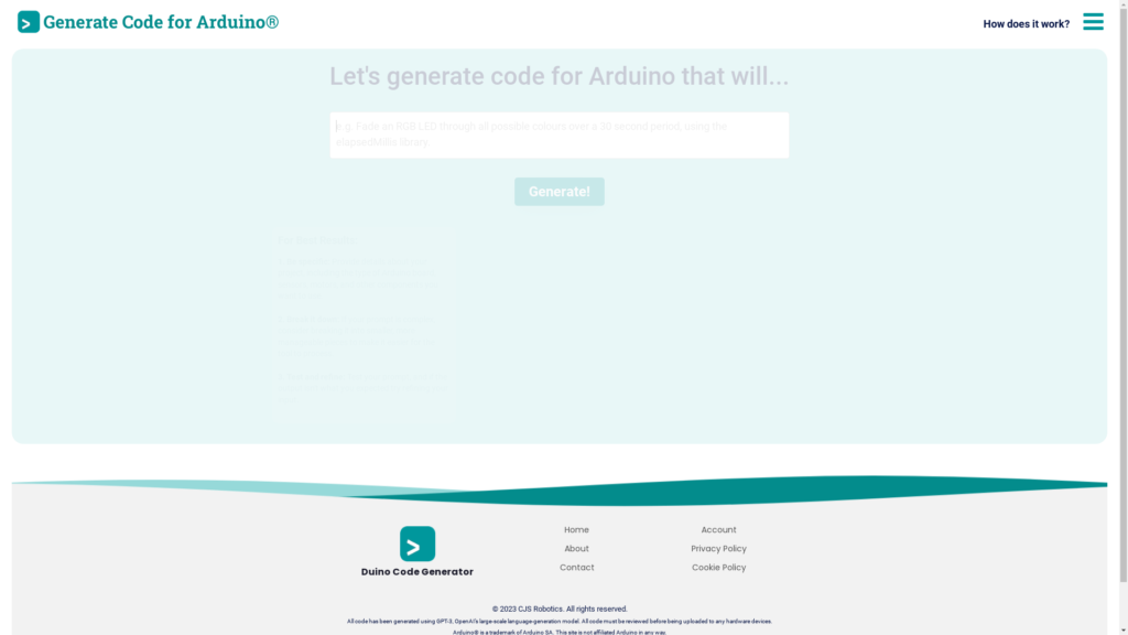 Capture d'écran de la page du site de Duino Code Generator