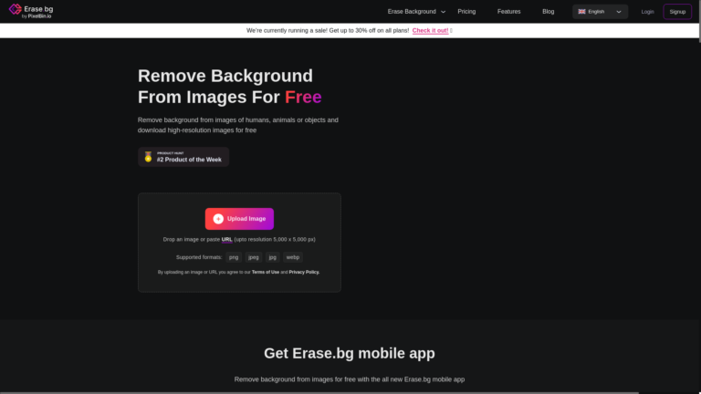 Capture d'écran de la page du site de Erase.bg