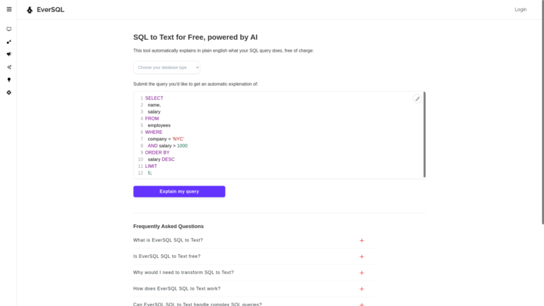 Capture d'écran de la page du site de EverSQL