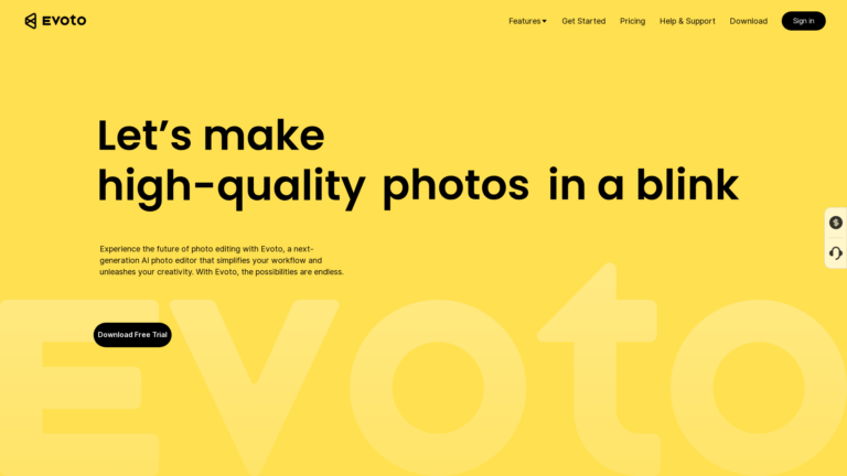 Capture d'écran de la page du site de Evoto AI