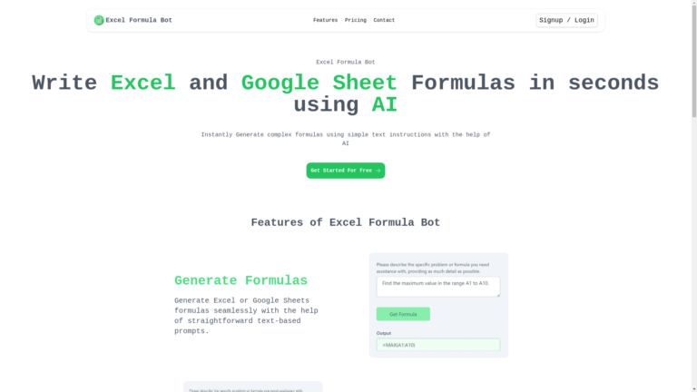 Capture d'écran de la page du site de Excel Formula Bot