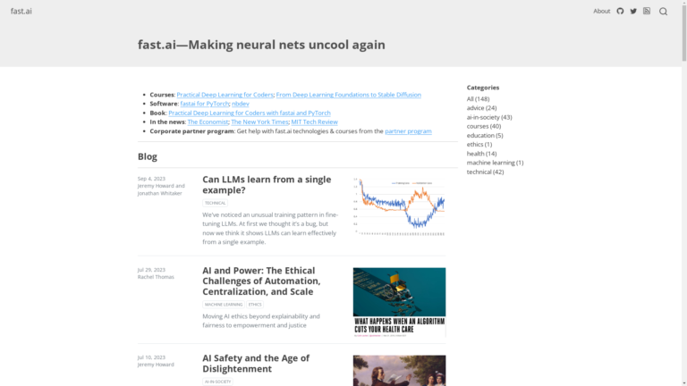 Capture d'écran de la page du site de fast.ai