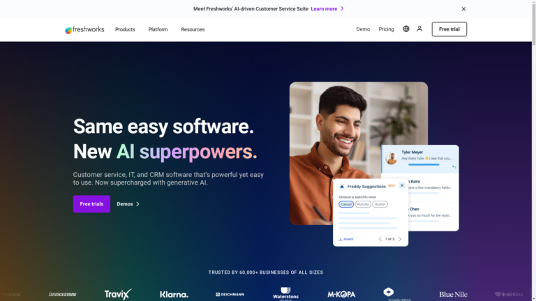 Capture d'écran de la page du site de Freshworks
