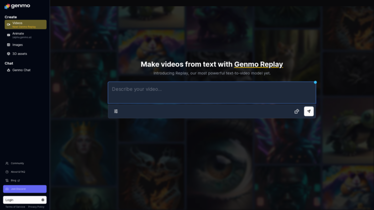 Capture d'écran de la page du site de Genmo AI