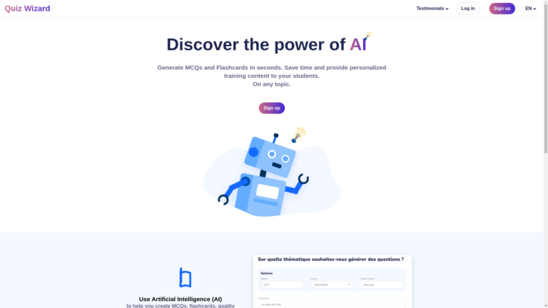 Capture d'écran de la page du site de Quiz Wizard