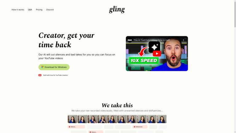 Capture d'écran de la page du site de Gling