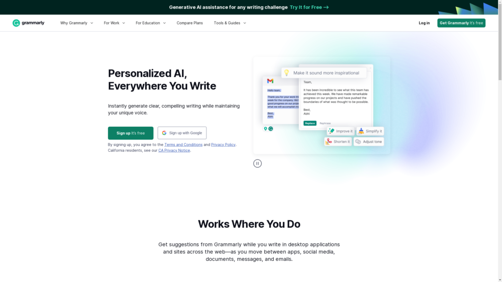 Capture d'écran de la page du site de Grammarly