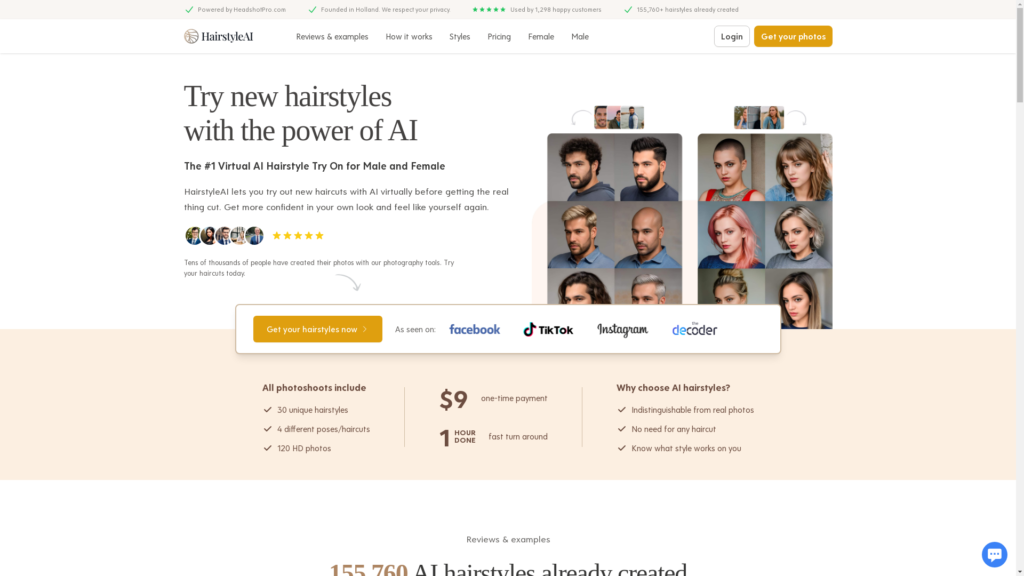 Capture d'écran de la page du site de HairstyleAI