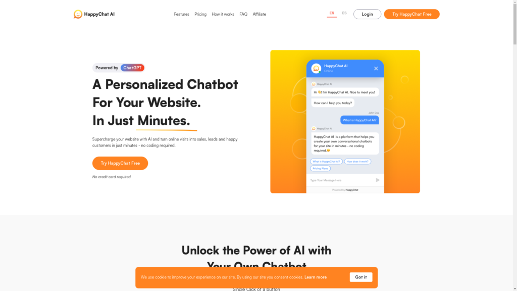 Capture d'écran de la page du site de HappyChat AI
