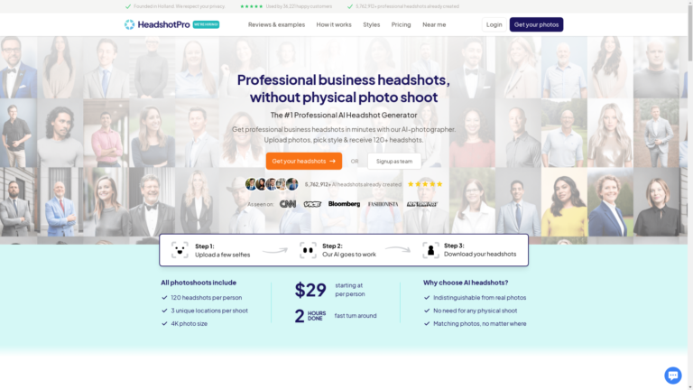 Capture d'écran de la page du site de Headshot Pro
