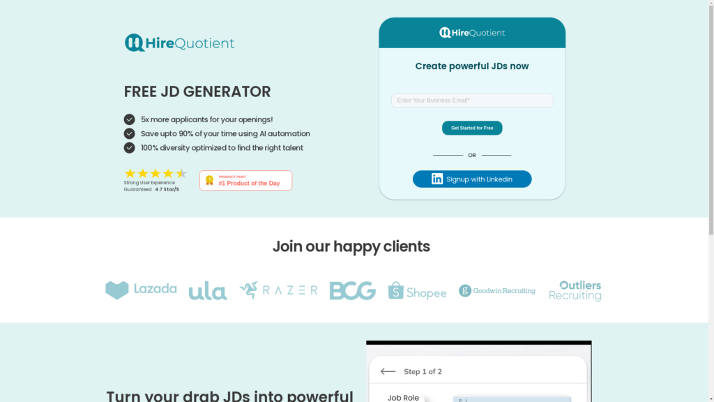 Capture d'écran de la page du site de Free Job Description Generator