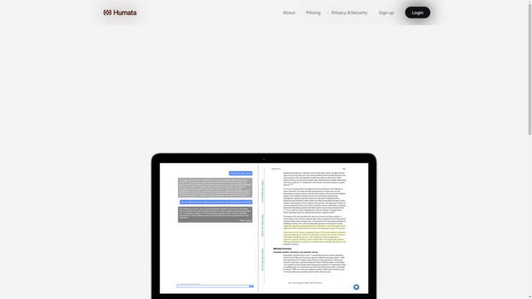 Capture d'écran de la page du site de Humata AI