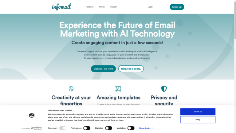Capture d'écran de la page du site de Infomail.ai