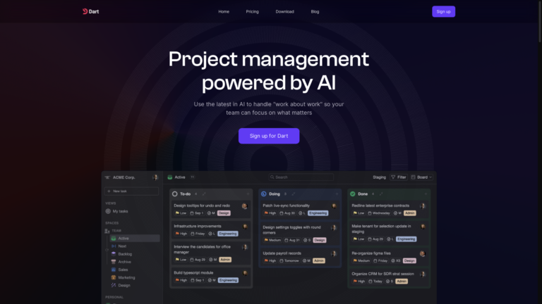 Capture d'écran de la page du site de Dart