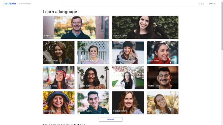 Capture d'écran de la page du site de JustLearn