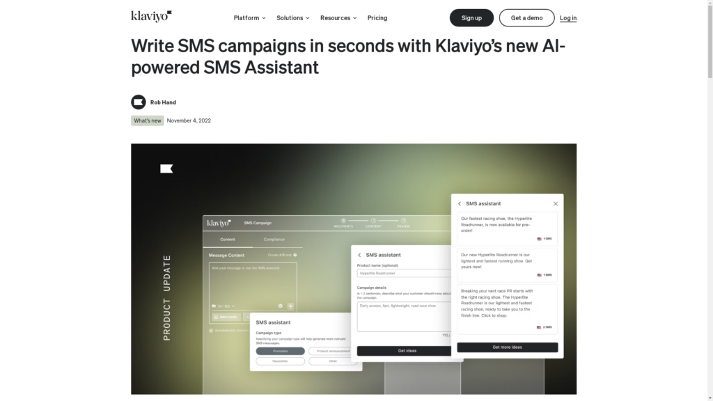 Capture d'écran de la page du site de Klaviyo SMS Assistant