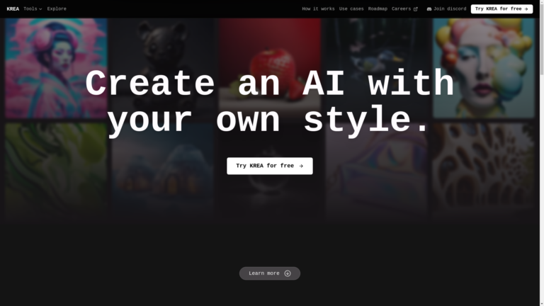 Capture d'écran de la page du site de Krea