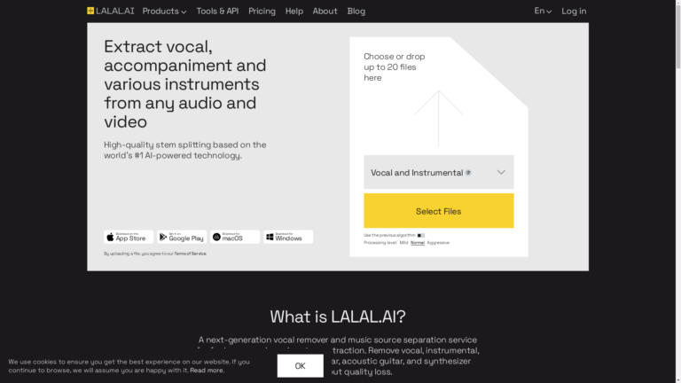 Capture d'écran de la page du site de Lalal.ai