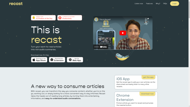 Capture d'écran de la page du site de Recast
