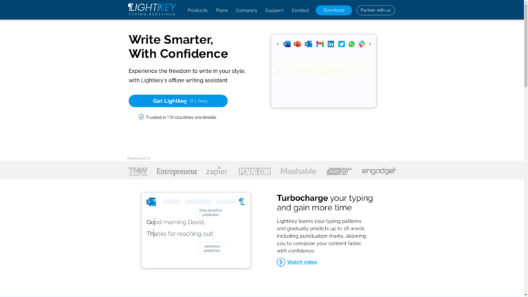 Capture d'écran de la page du site de Lightkey