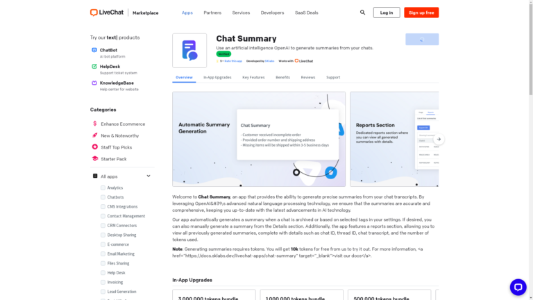 Capture d'écran de la page du site de Chat Summary