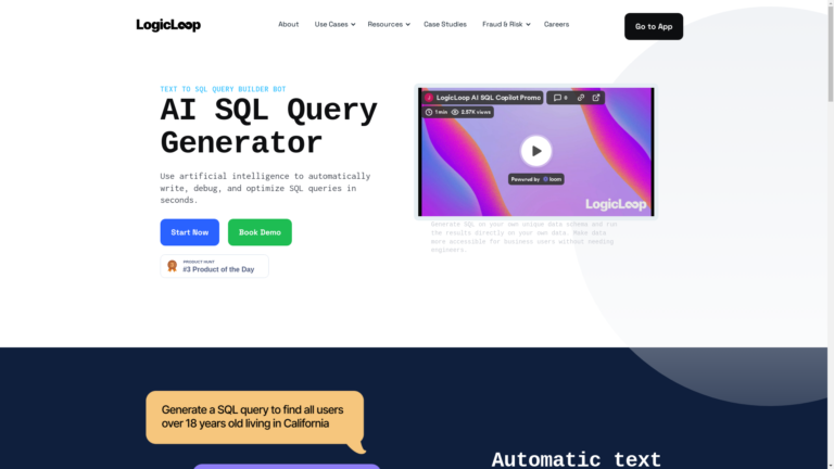 Capture d'écran de la page du site de LogicLoop AI SQL