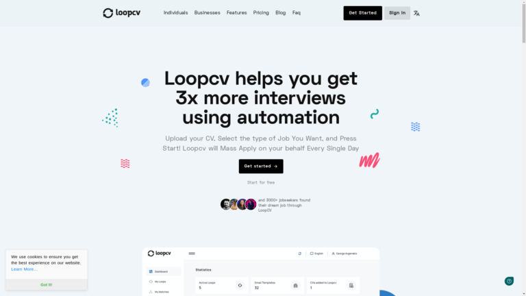Capture d'écran de la page du site de Loopcv
