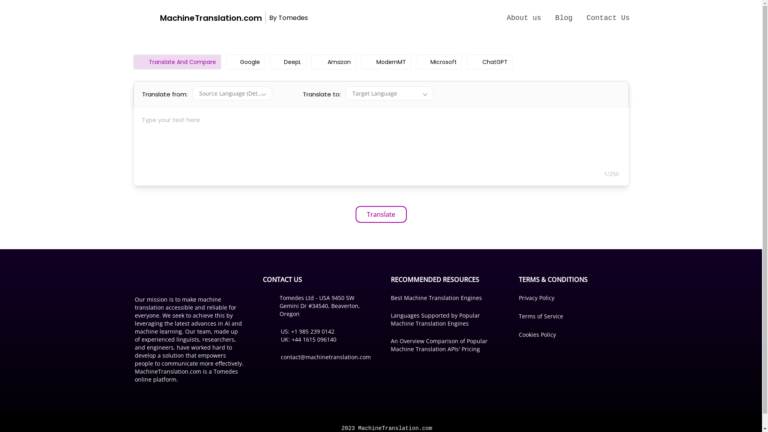 Capture d'écran de la page du site de MachineTranslation