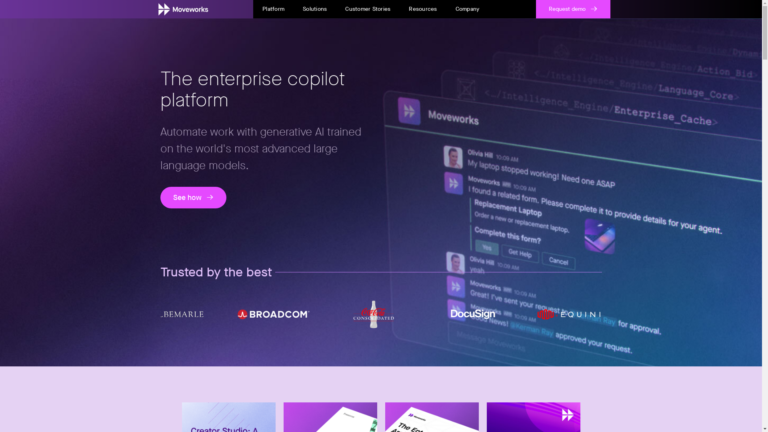 Capture d'écran de la page du site de Moveworks