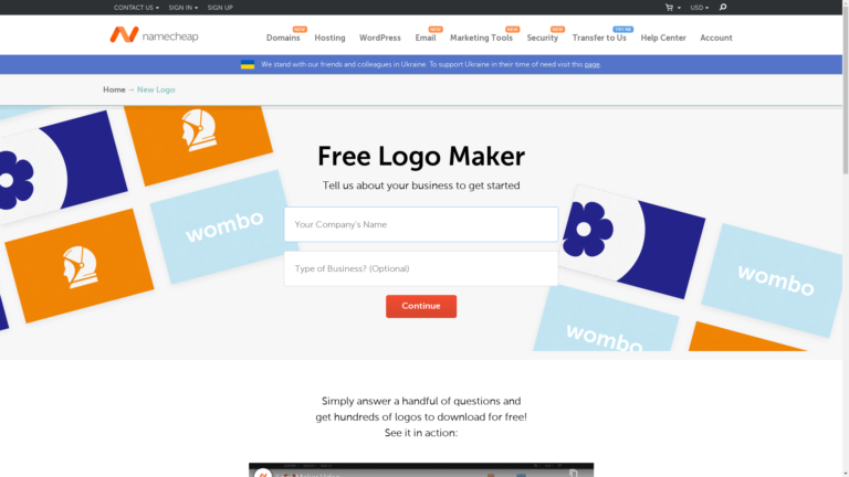 Capture d'écran de la page du site de Namecheap Logo Maker