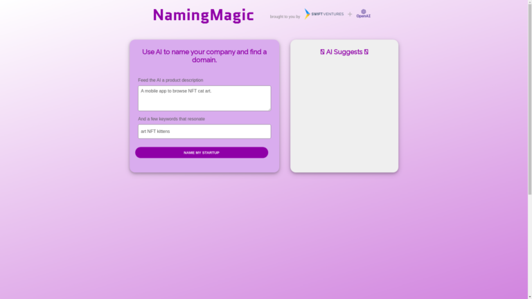 Capture d'écran de la page du site de Naming Magic