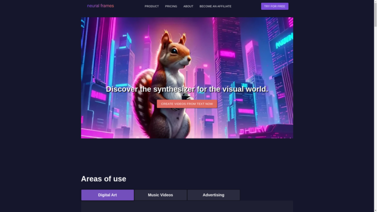 Capture d'écran de la page du site de Neural frames