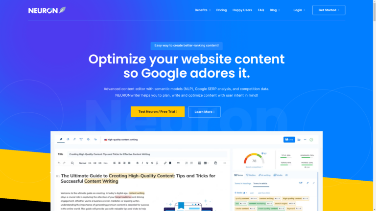 Capture d'écran de la page du site de Neuronwriter