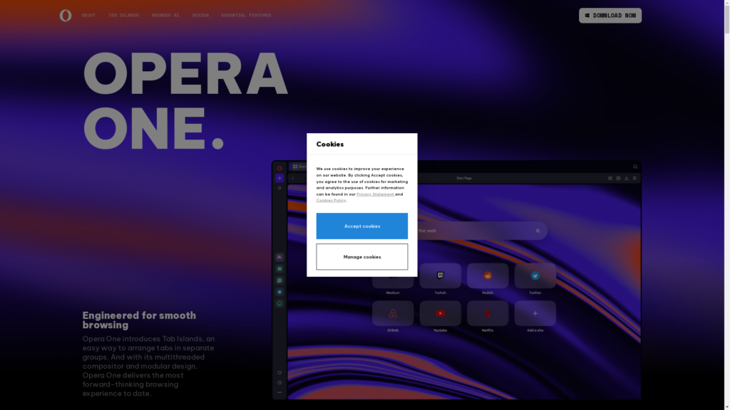Capture d'écran de la page du site de Opera One Browser