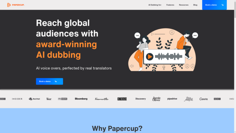 Capture d'écran de la page du site de Papercup