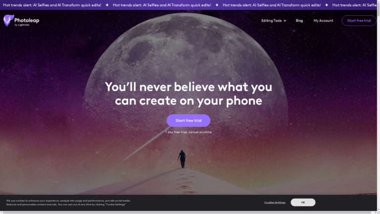 Capture d'écran de la page du site de Photoleap