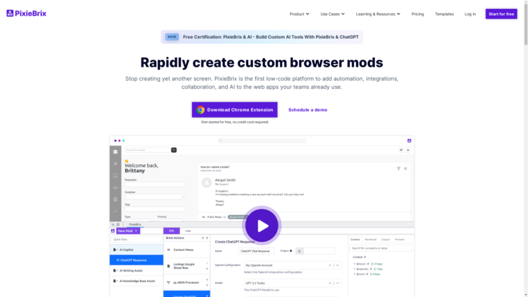 Capture d'écran de la page du site de PixieBrix