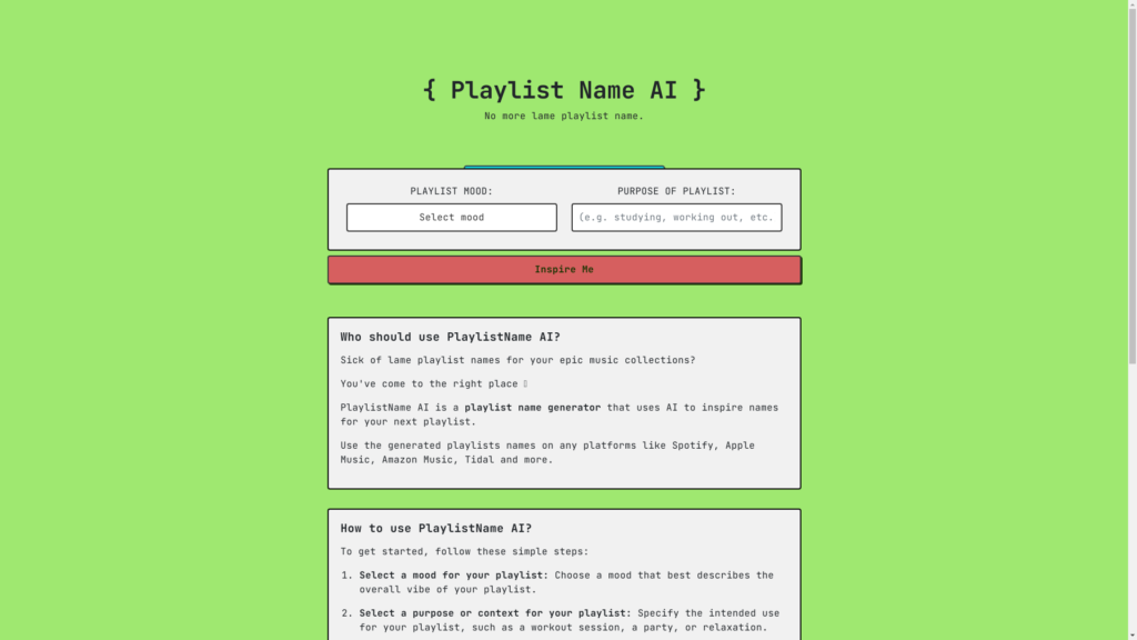Capture d'écran de la page du site de PlaylistName AI