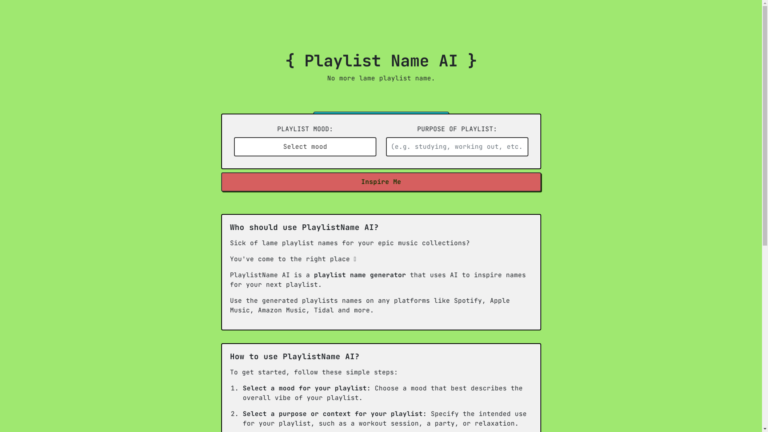 Capture d'écran de la page du site de PlaylistName AI