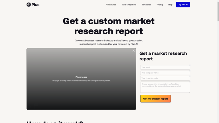 Capture d'écran de la page du site de Plus AI for Market Research
