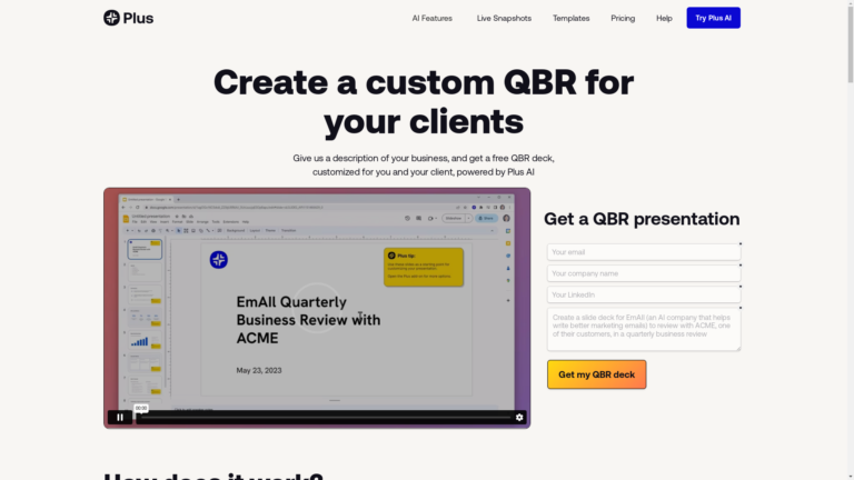 Capture d'écran de la page du site de Plus AI QBRs and Sales Decks